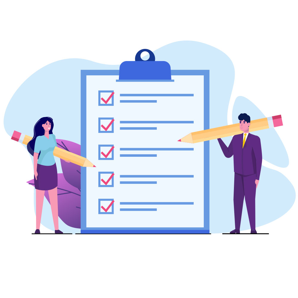 Illustration of two people standing in front of a checklist holding pencils