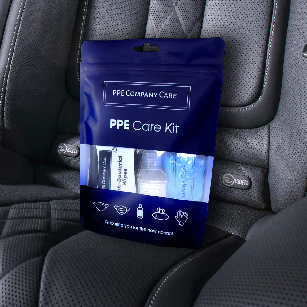 PPE Care Kit on back seat of a Mercedel S class