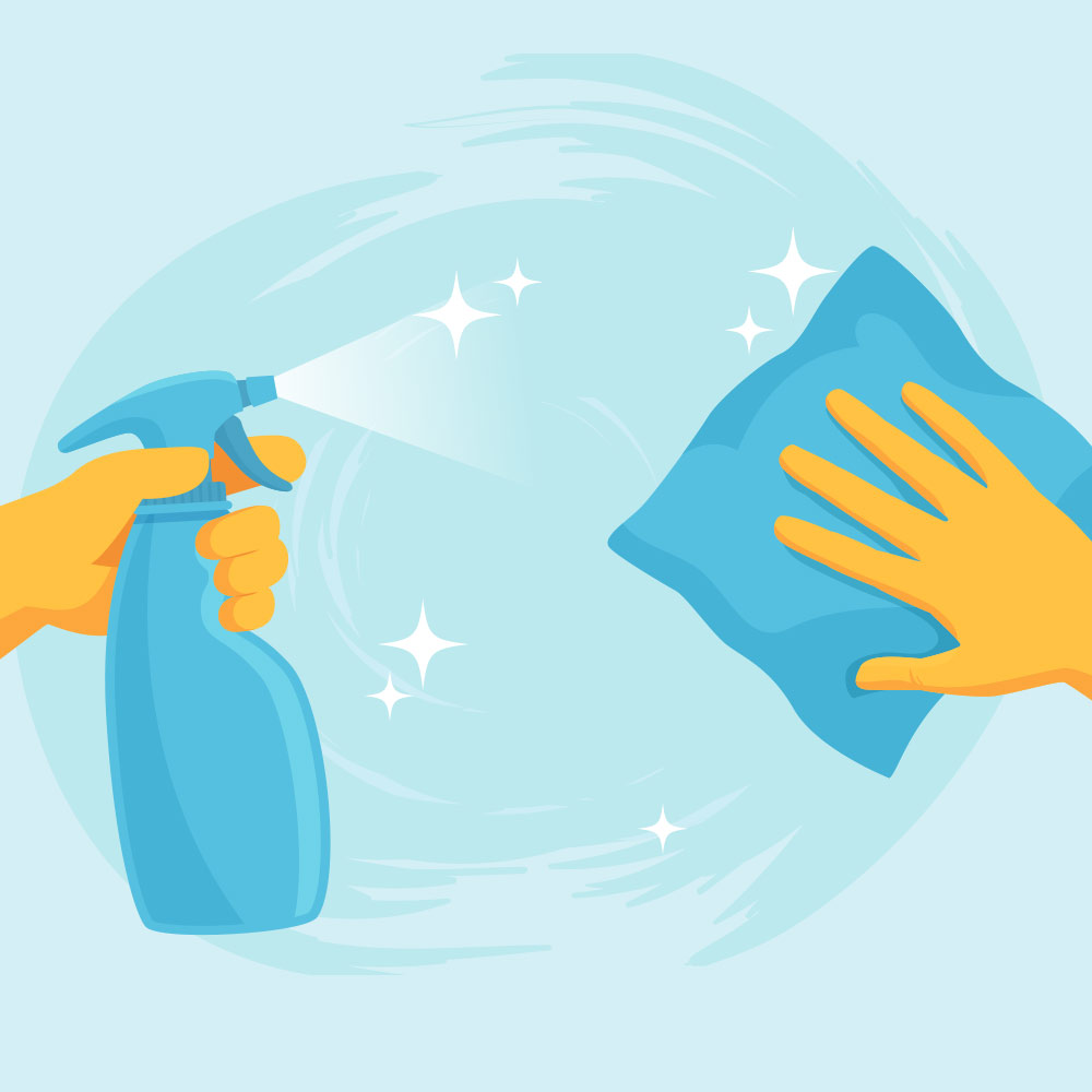 Illustration showing antibacterial spray and cloth